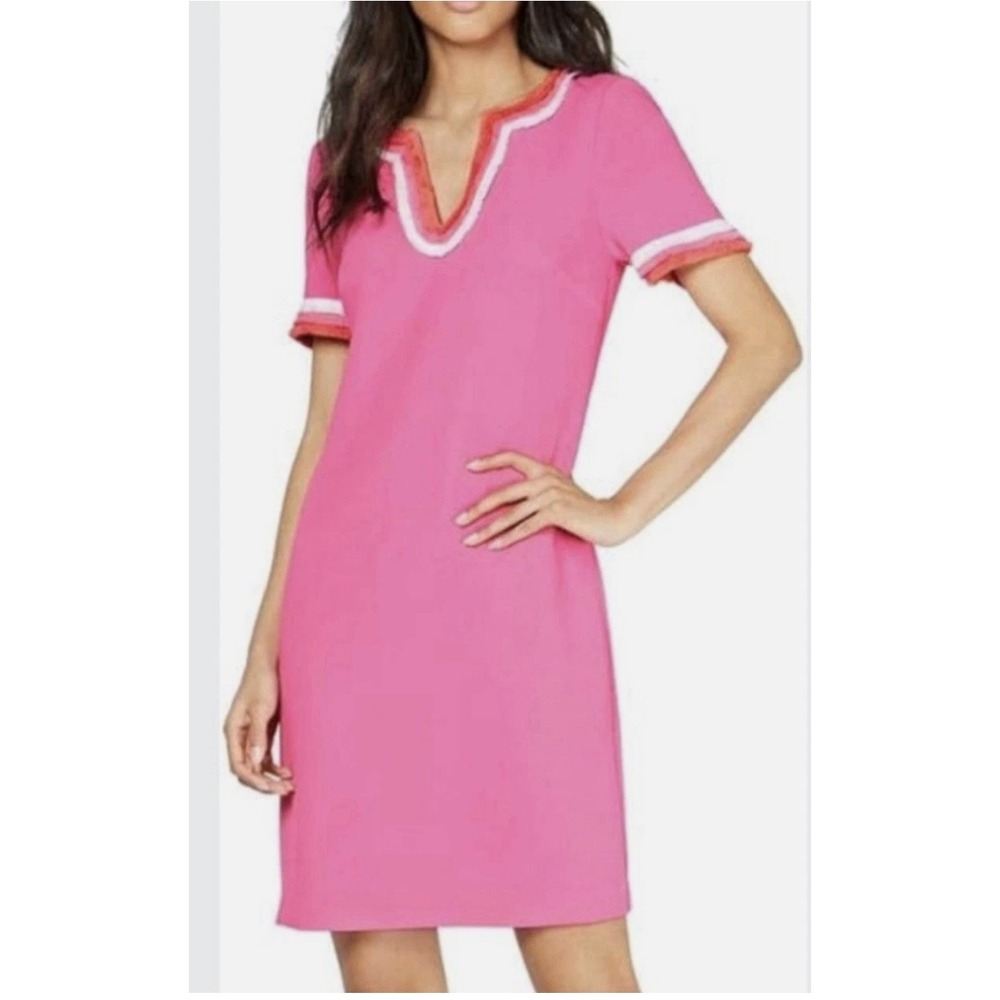Trina Turk Pink‎ Fringe Trim Shift Dress Fuchsia V-Neck Short Sleeve Size 6